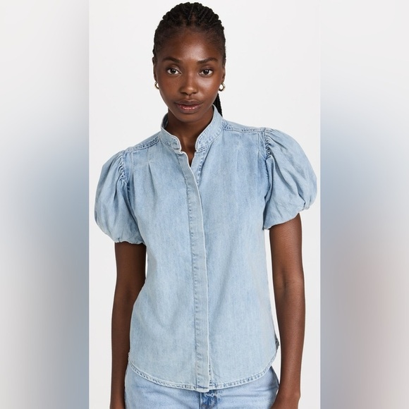 FRAME  Pleated Puff Sleeve Top in Cresthaven - Picture 1 of 11